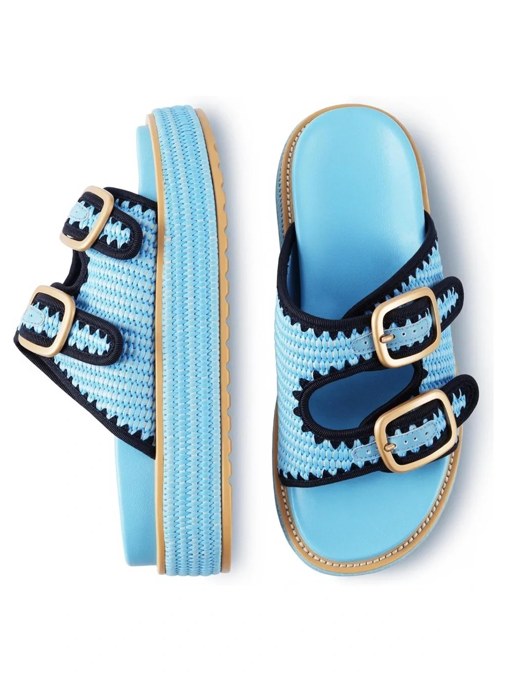 New! Blue Double-Buckle Slide Sandals Platform